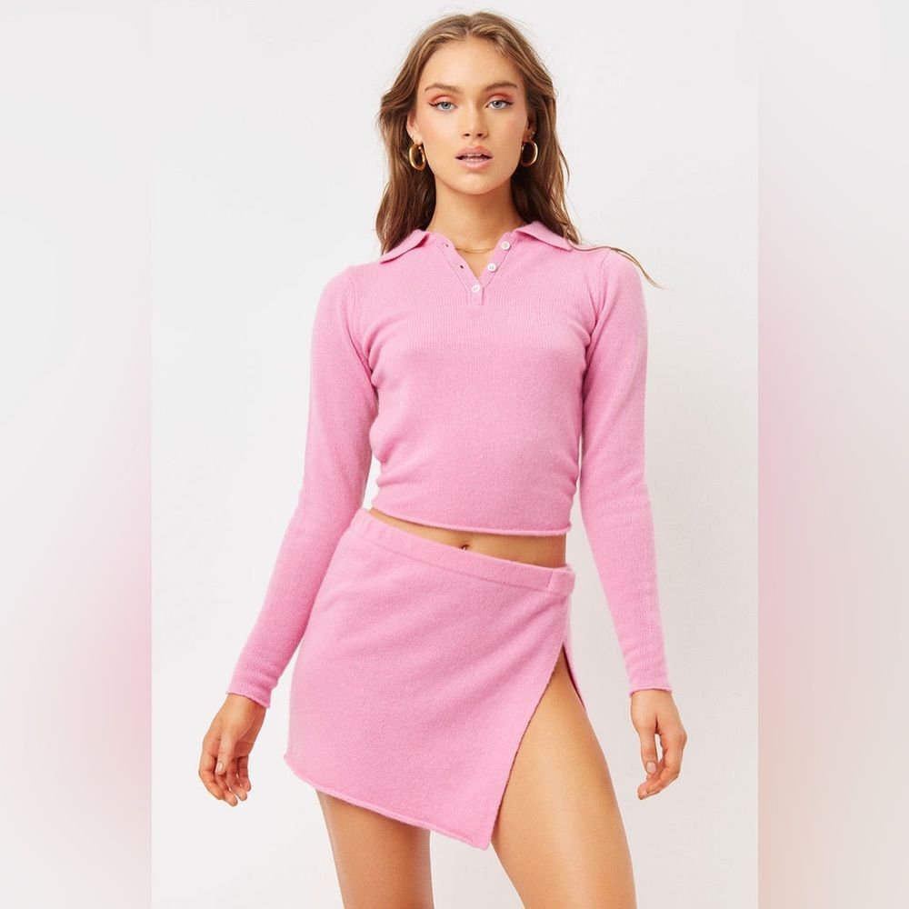 FRANKIES BIKINIS Mary Jane 100% Cashmere Polo Open Tie Back Sweater Rose L NWT